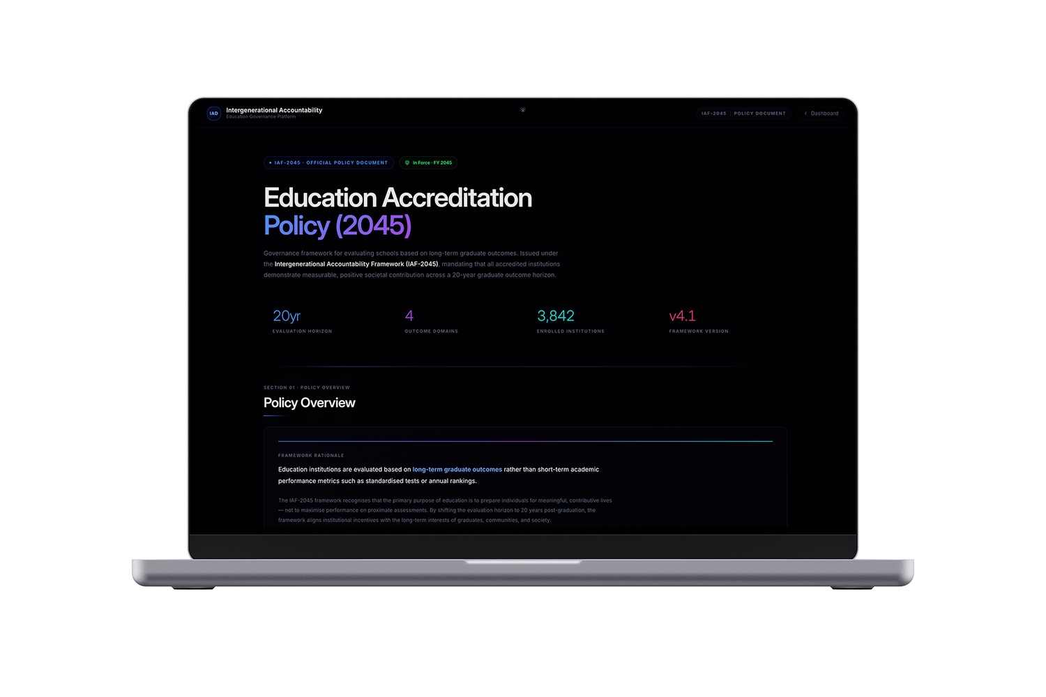 The Intergenerational Accountability Dashboard. Course 1's institutional argument: real-time evaluation on twenty-year alumni outcomes. The system-scale version of the same question.