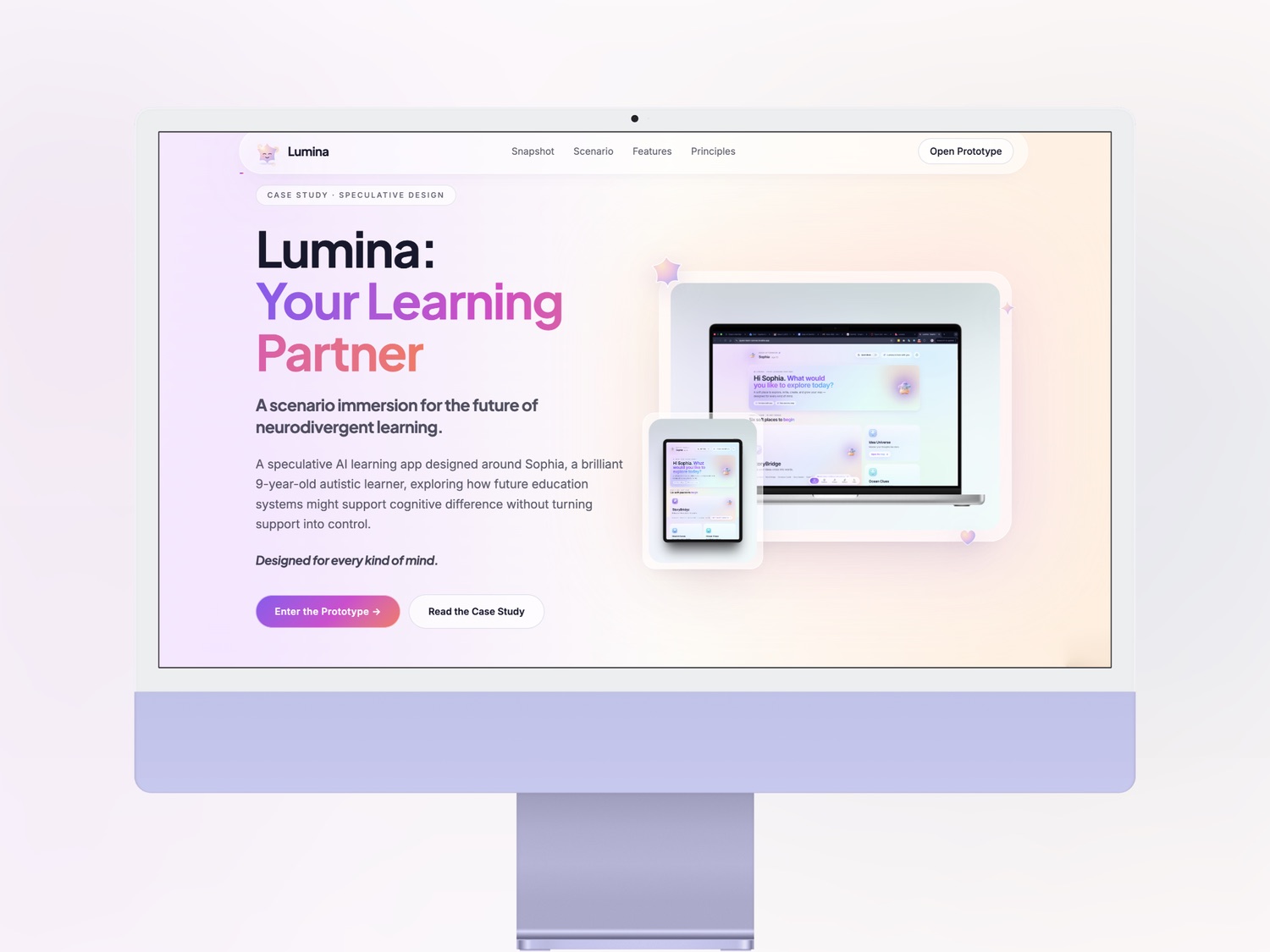 Lumina: Your Learning Partner. A speculative AI learning companion for 2035, designed around one neurodivergent learner. Designed for every kind of mind.